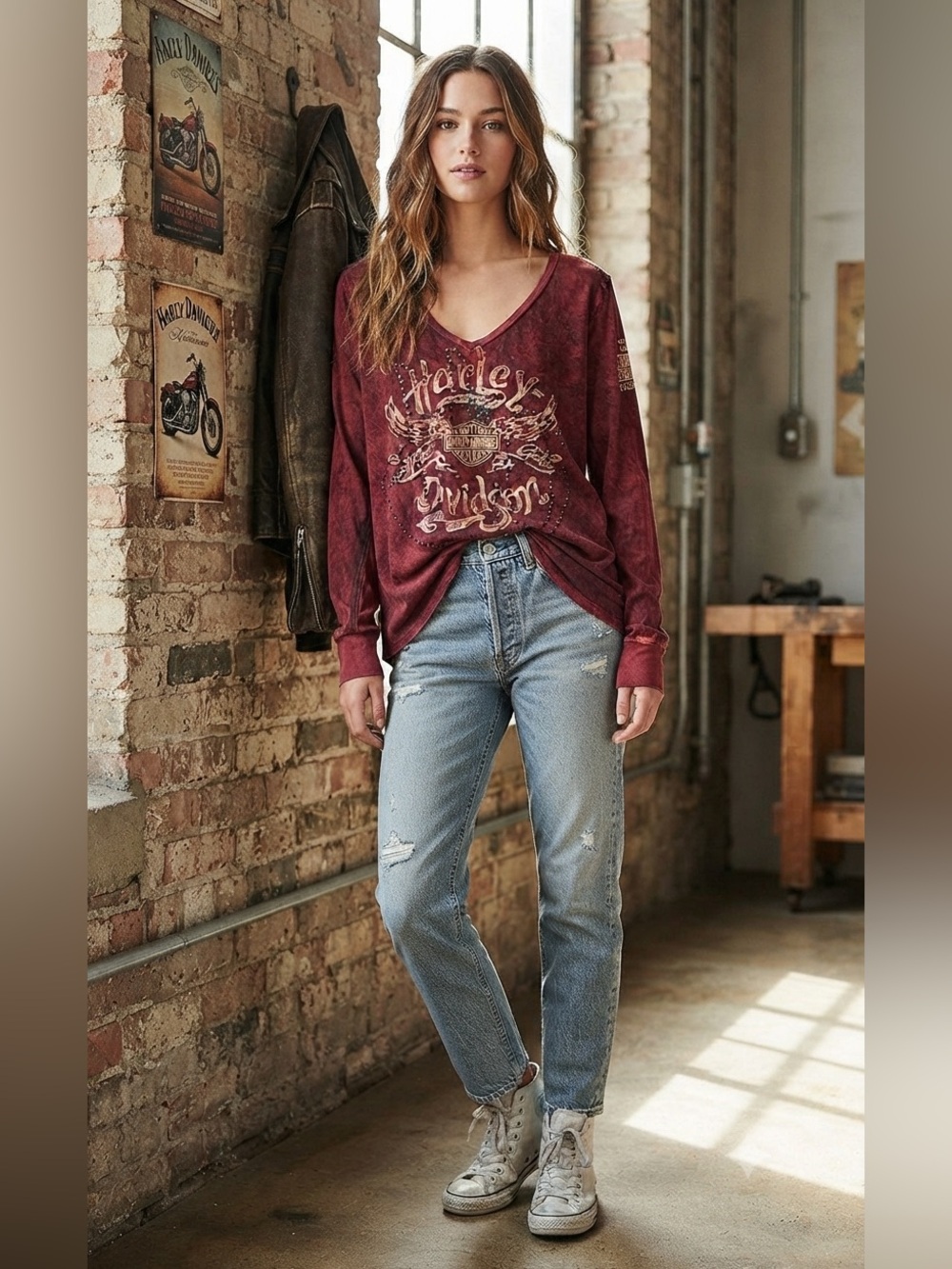 Harley-Davidson Burgundy Distressed V-Neck Long Sleeve - Beautiful Shirt!